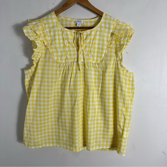 J Crew Gingham flutter top with bib trim yellow white 100% cotton size XXL - Picture 2 of 10